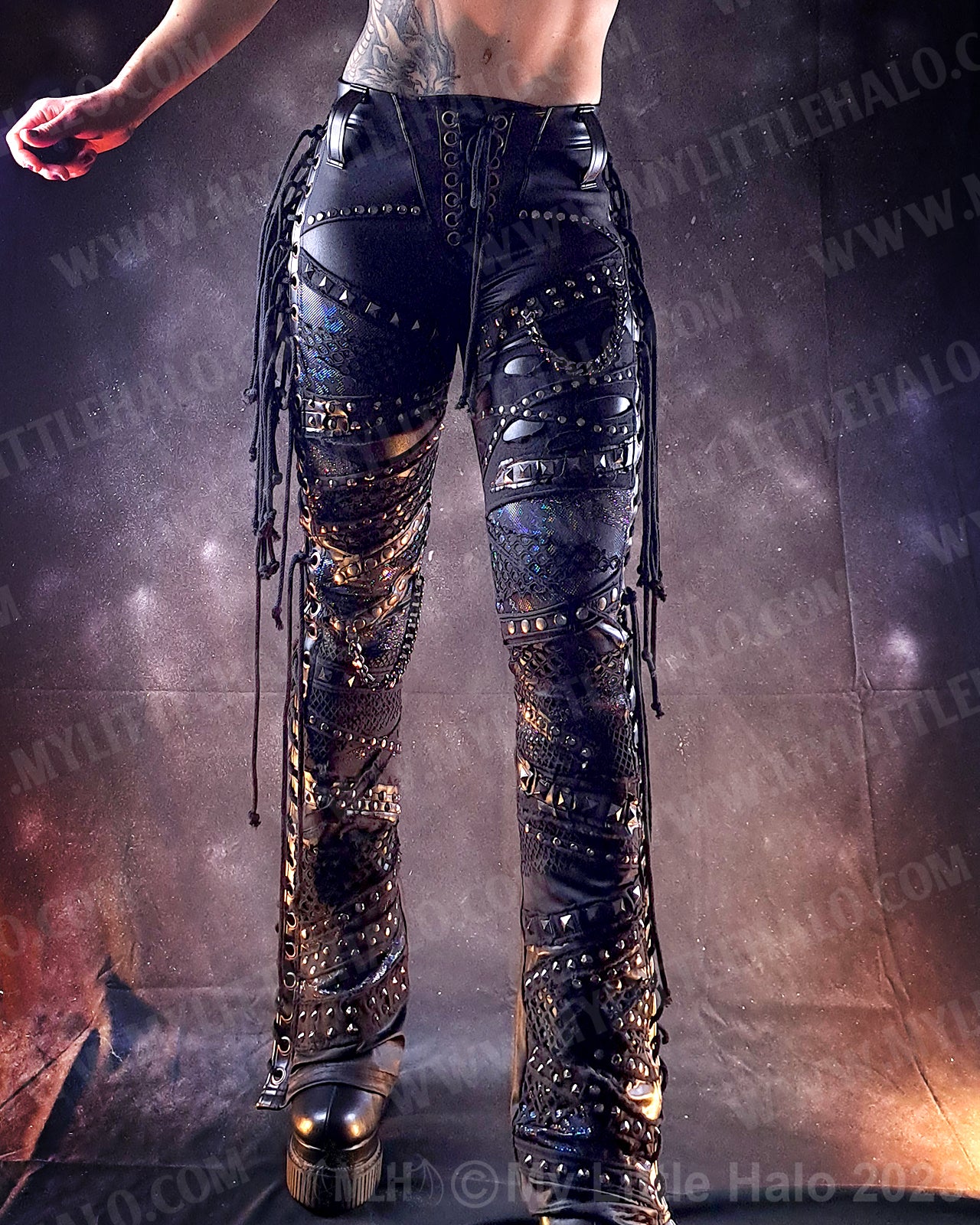#10 Black, Gunmetal & Copper Lace up Hologram Gothic Flares