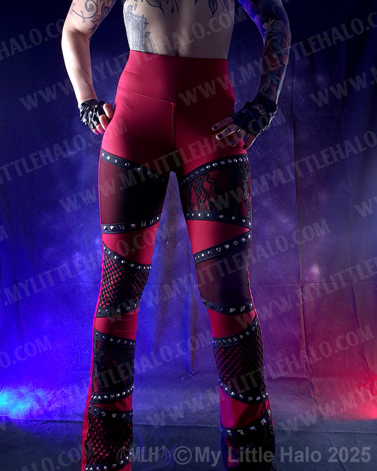 #10 Deep Red & Black Fishnet & Lace Bootcut Pants
