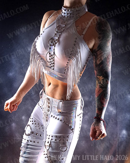 Fringed White Holographic Rings Crop Top #10