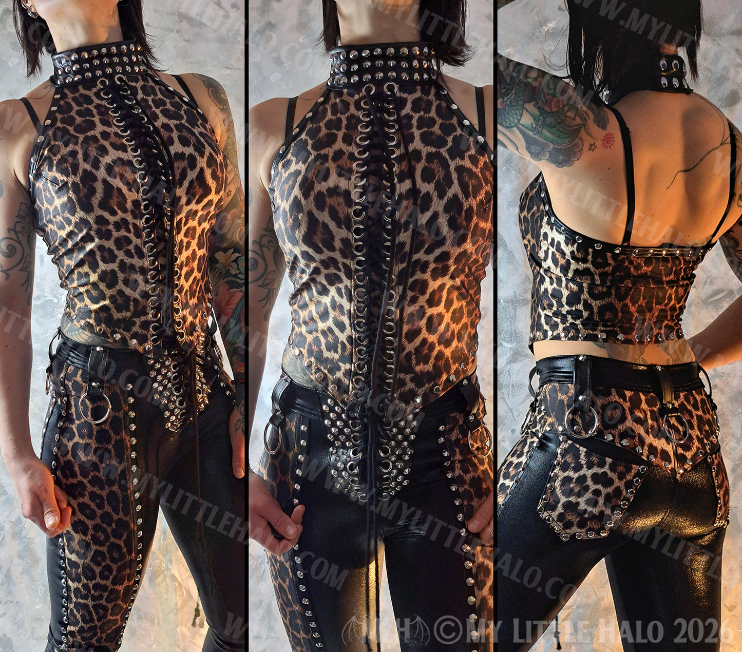High Neck Lace up Leopard Print Top #10