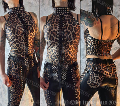 High Neck Lace up Leopard Print Top #10