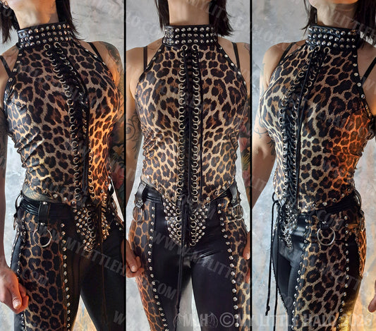 High Neck Lace up Leopard Print Top #10