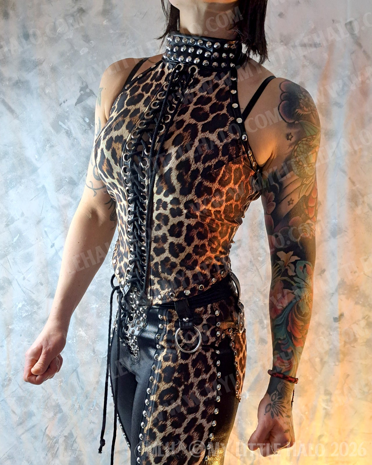 High Neck Lace up Leopard Print Top #10