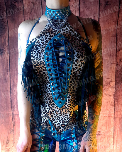 #10 Teal & Cheetah Fringed Peephole Halter