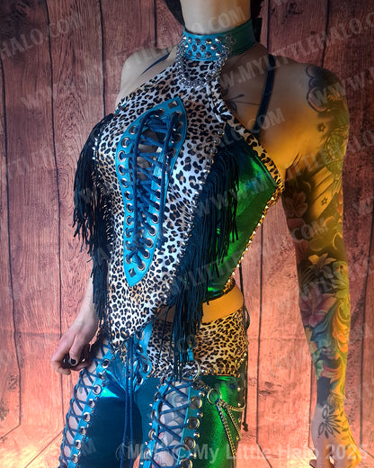 #10 Teal & Cheetah Fringed Peephole Halter