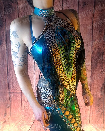 #10 Teal & Cheetah Fringed Peephole Halter