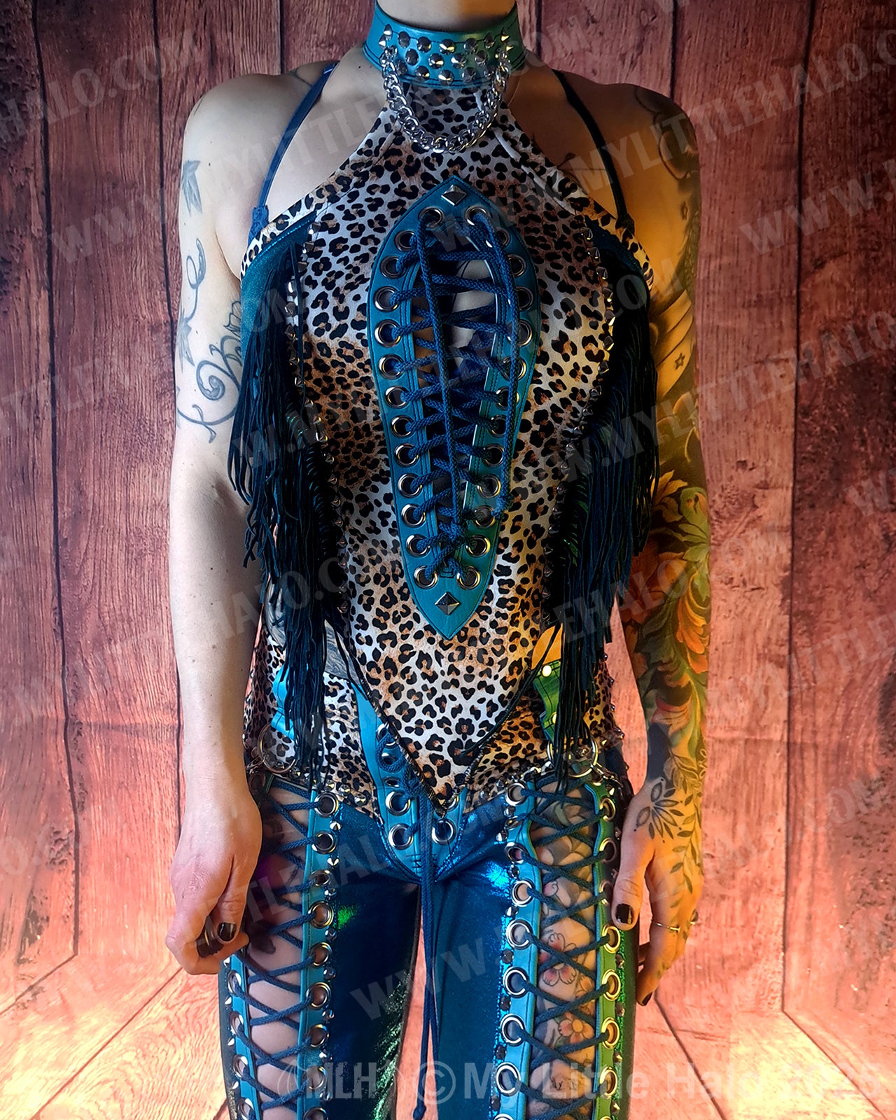 #10 Teal & Cheetah Fringed Peephole Halter