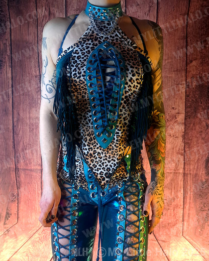 #10 Teal & Cheetah Fringed Peephole Halter