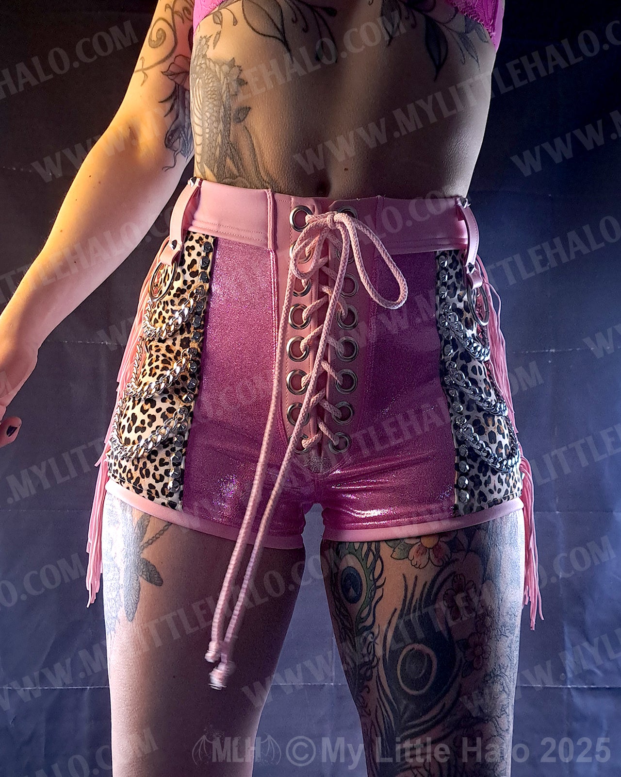 #10 Pink Candy & Cheetah Fringed Chain Shorts (06-25-01-1-010)