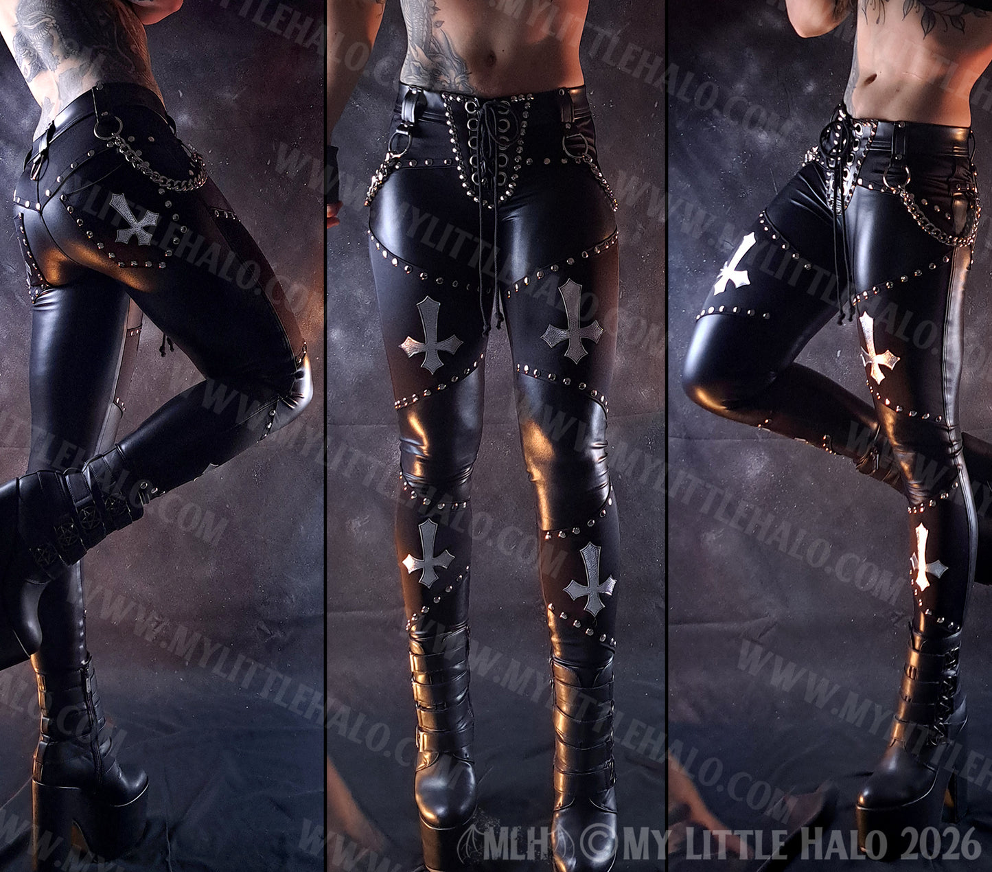 Black & Silver Wet Look Crucifix Chain Pants #11