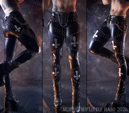 Black & Silver Wet Look Crucifix Chain Pants #11