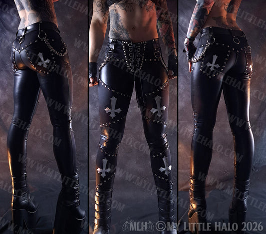 Black & Silver Wet Look Crucifix Chain Pants #11