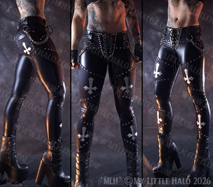 Black & Silver Wet Look Crucifix Chain Pants #11
