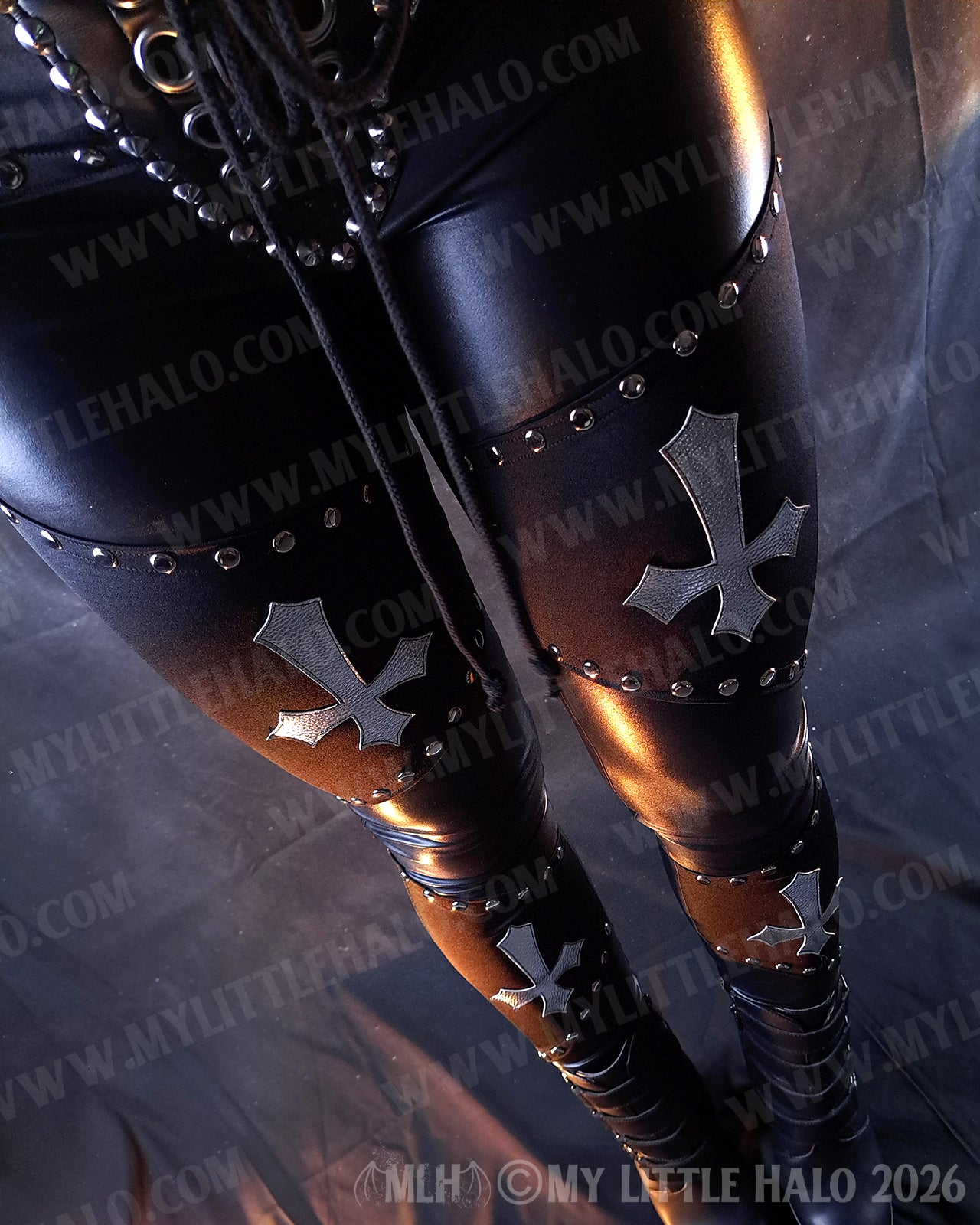 Black & Silver Wet Look Crucifix Chain Pants #11