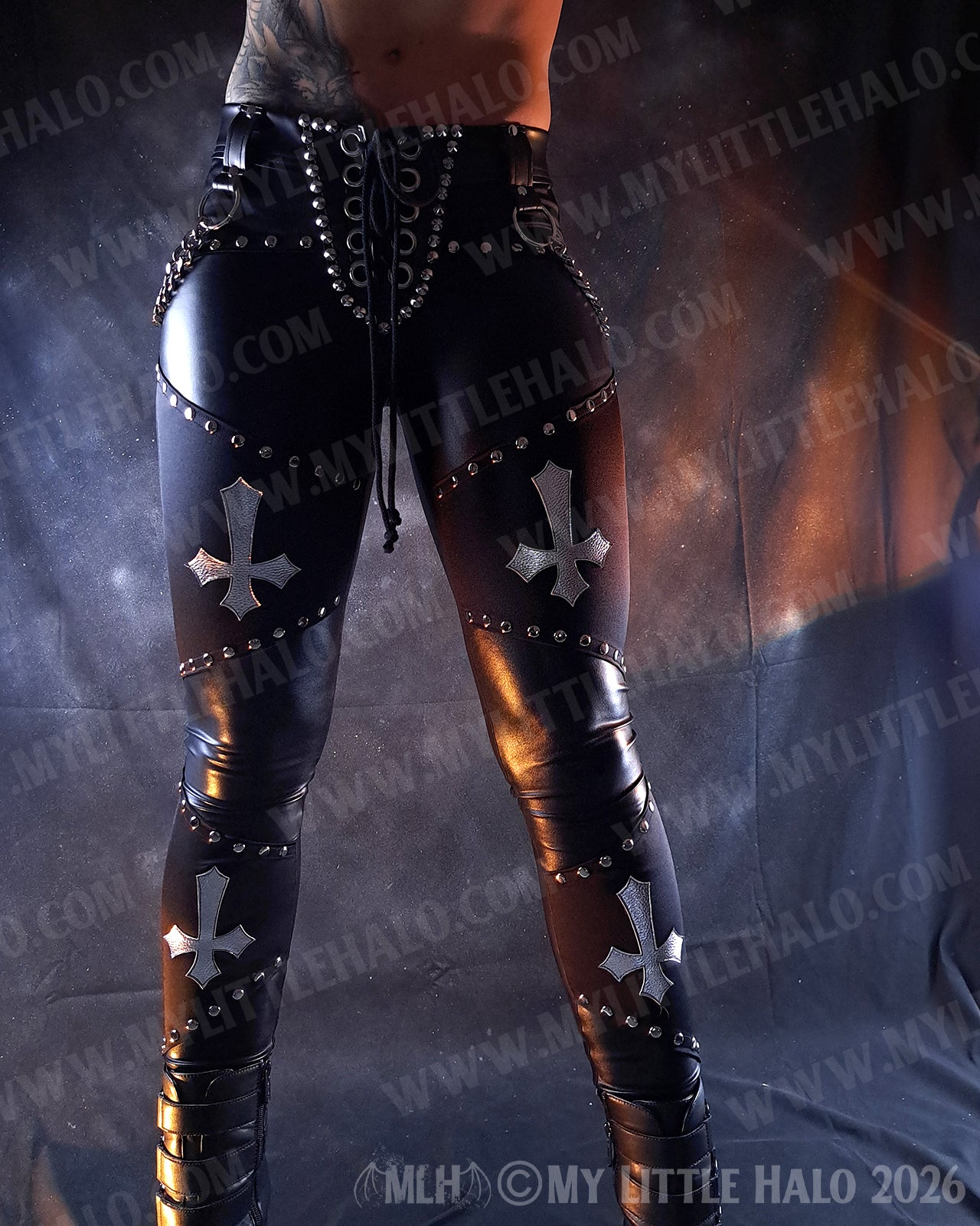 Black & Silver Wet Look Crucifix Chain Pants #11