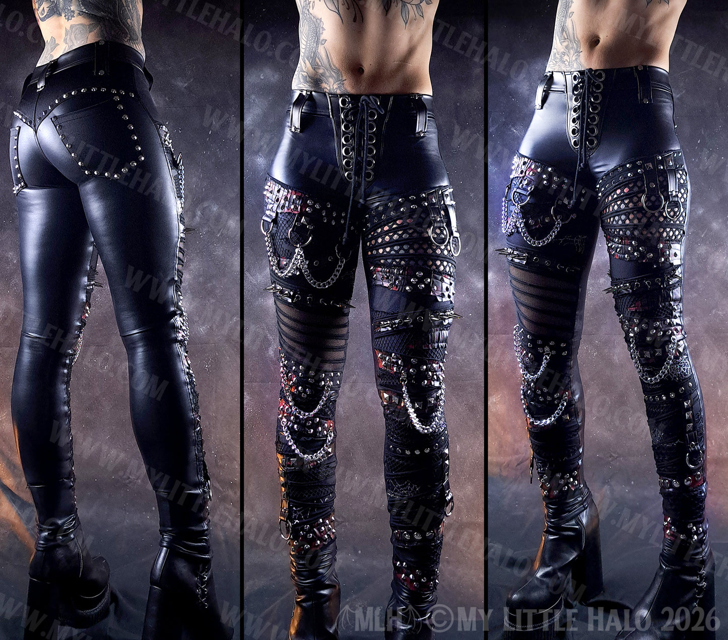 Gothic Black & Blood Splatter Spiked Skinny Pants #11