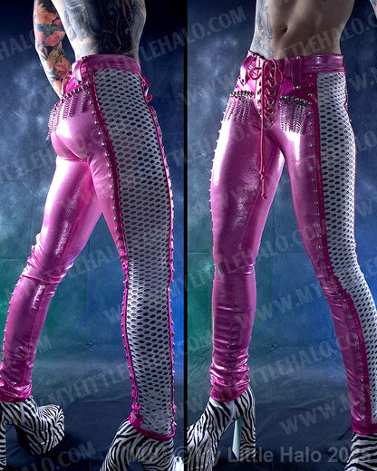 #11 Pink, White & Silver Fishnet Panel Pants