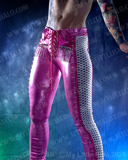 #11 Pink, White & Silver Fishnet Panel Pants