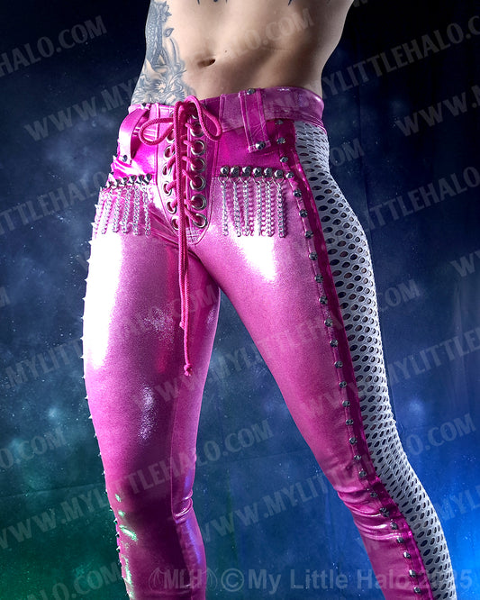 #11 Pink, White & Silver Fishnet Panel Pants