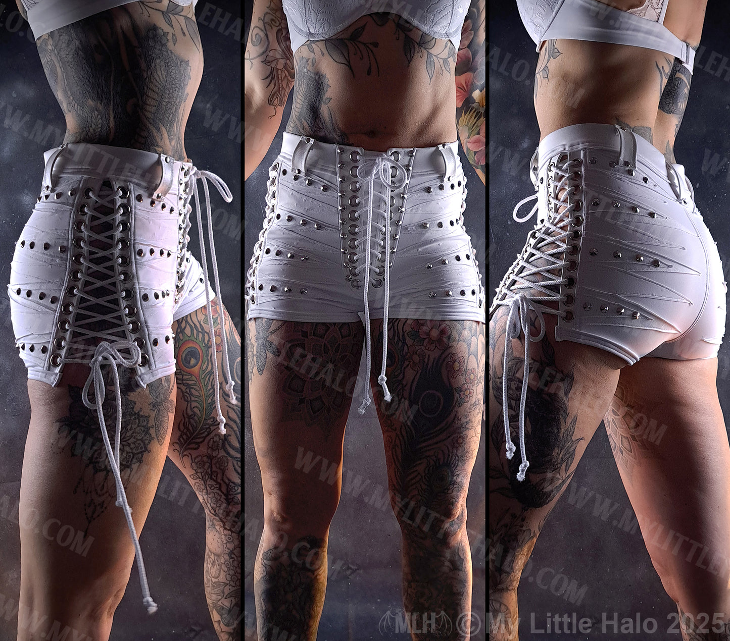 White Studded Side Lace up High Waist Shorts #11