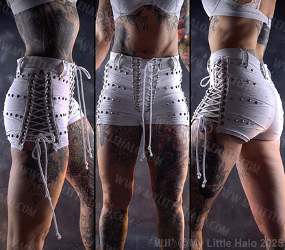 White Studded Side Lace up High Waist Shorts #11