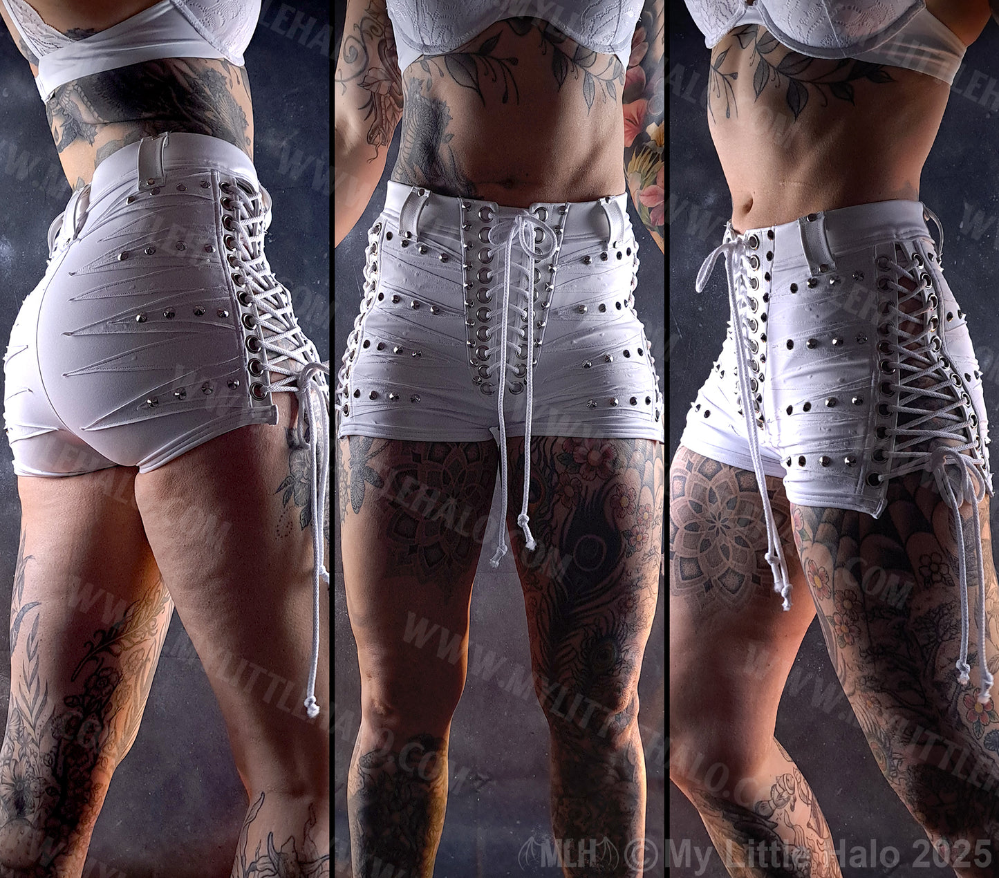 White Studded Side Lace up High Waist Shorts #11