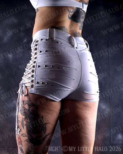 White Studded Side Lace up High Waist Shorts #11