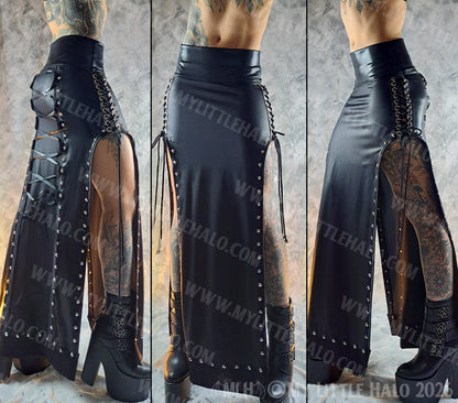 Black Split Sides Gothic Lace up Maxi Skirt #12