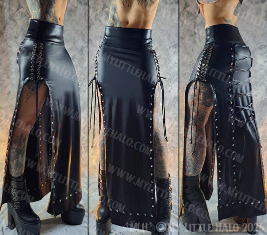 Black Split Sides Gothic Lace up Maxi Skirt #12
