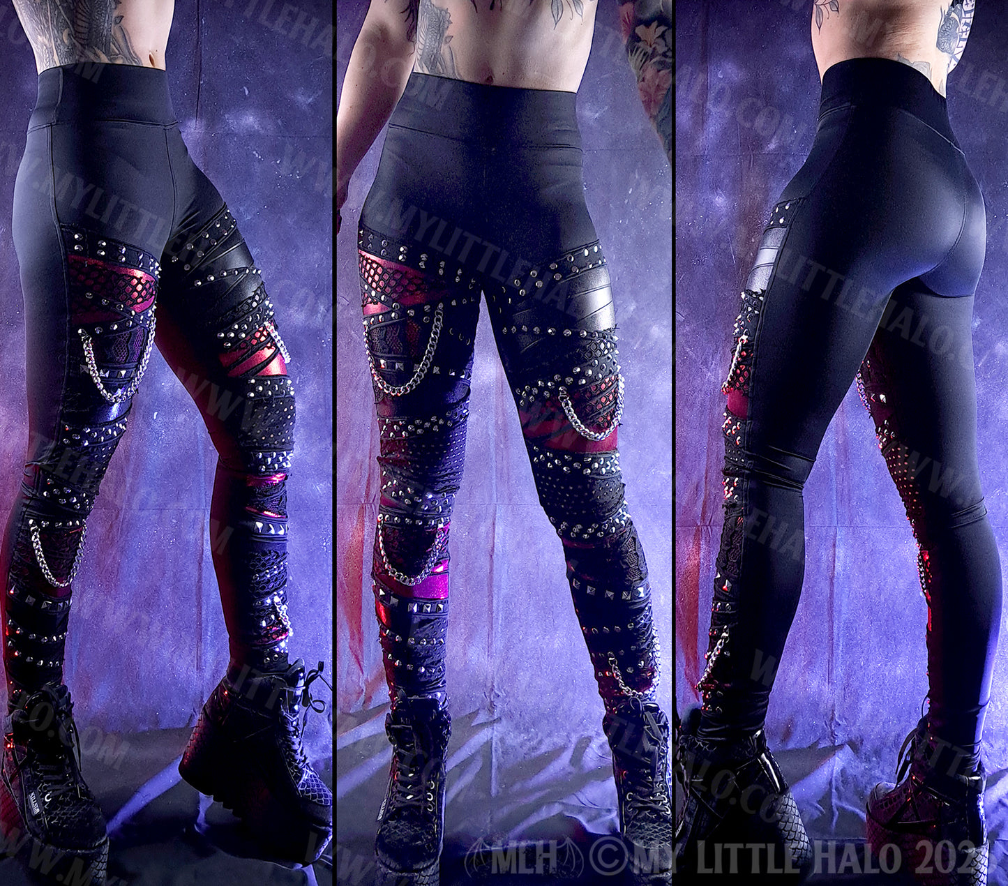 Black & Red Fishnet & Chain Mid Rise Goth Leggings #12