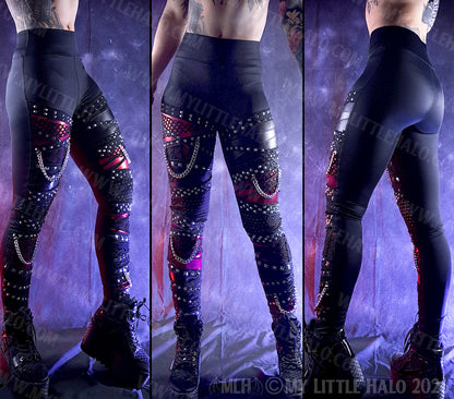 Black & Red Fishnet & Chain Mid Rise Goth Leggings #12