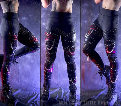 Black & Red Fishnet & Chain Mid Rise Goth Leggings #12