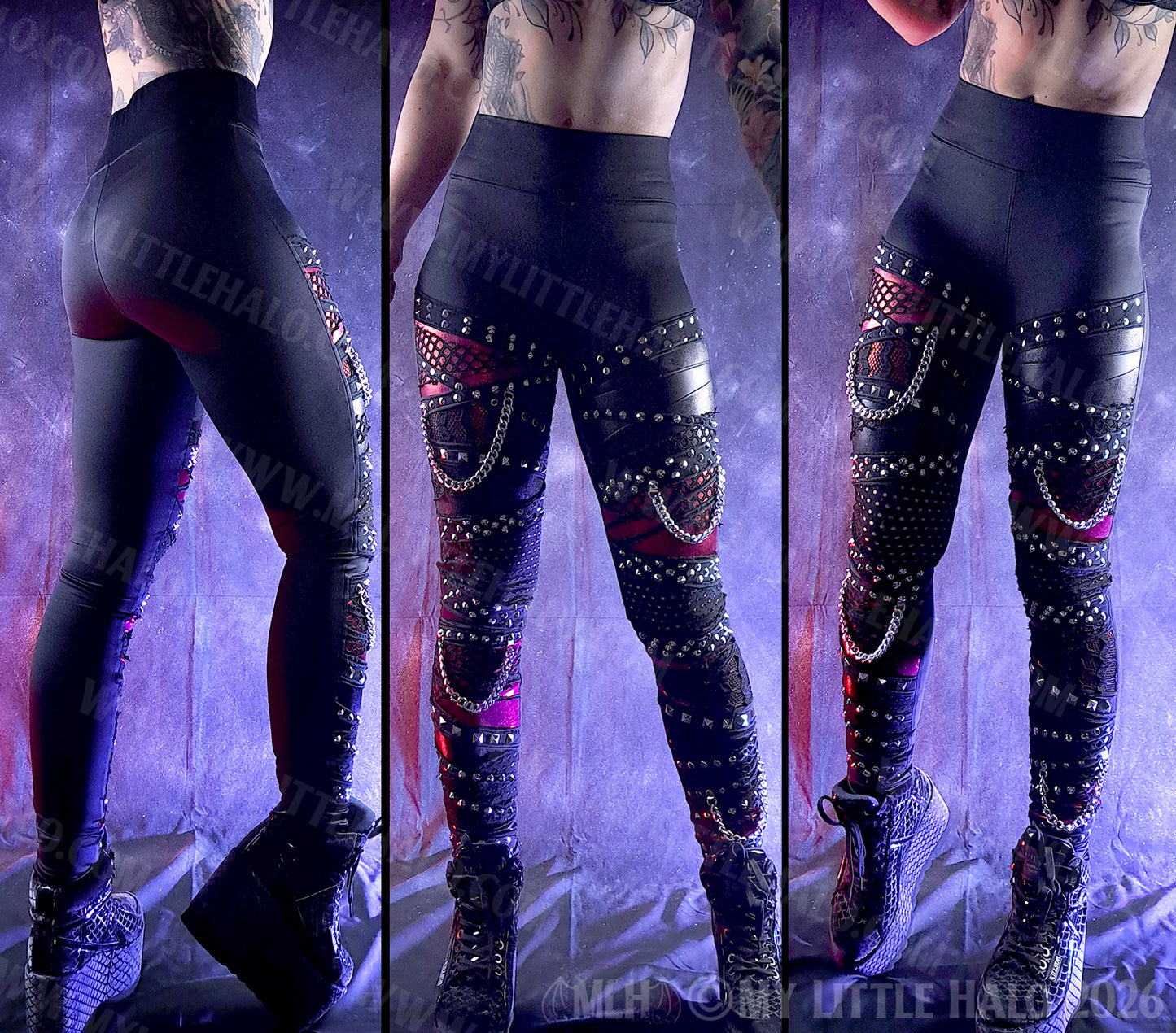 Black & Red Fishnet & Chain Mid Rise Goth Leggings #12