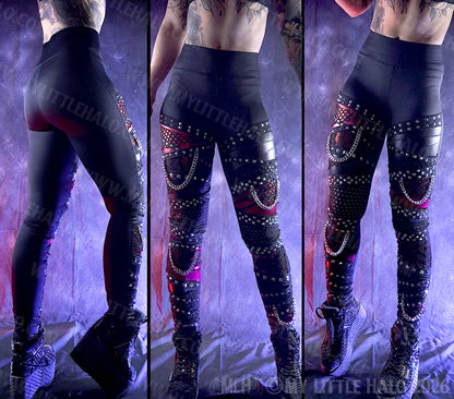 Black & Red Fishnet & Chain Mid Rise Goth Leggings #12