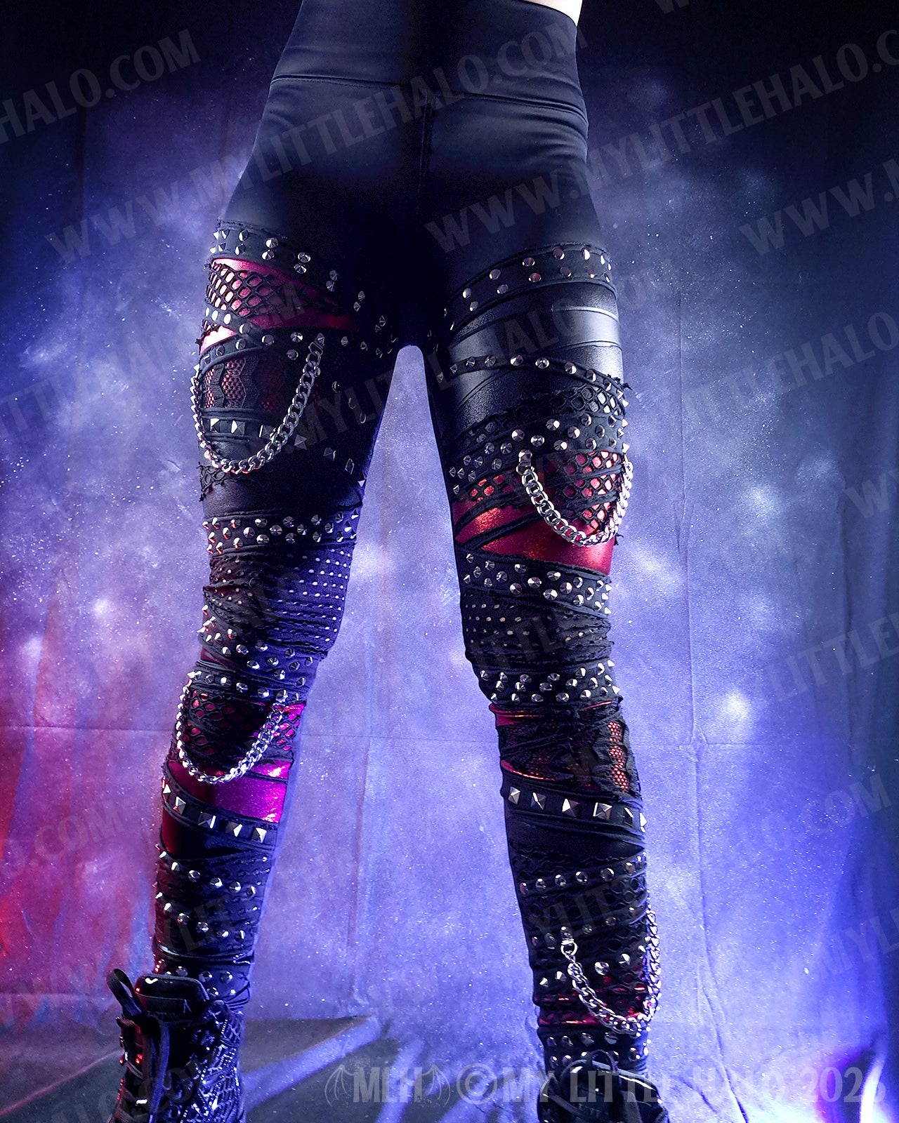 Black & Red Fishnet & Chain Mid Rise Goth Leggings #12