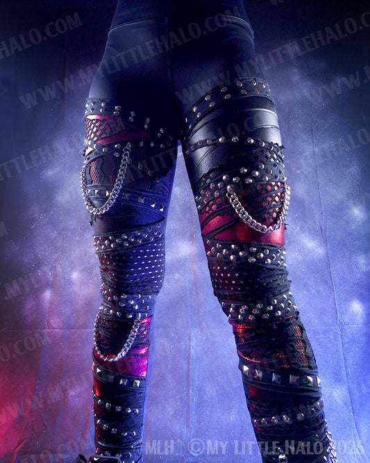 Black & Red Fishnet & Chain Mid Rise Goth Leggings #12