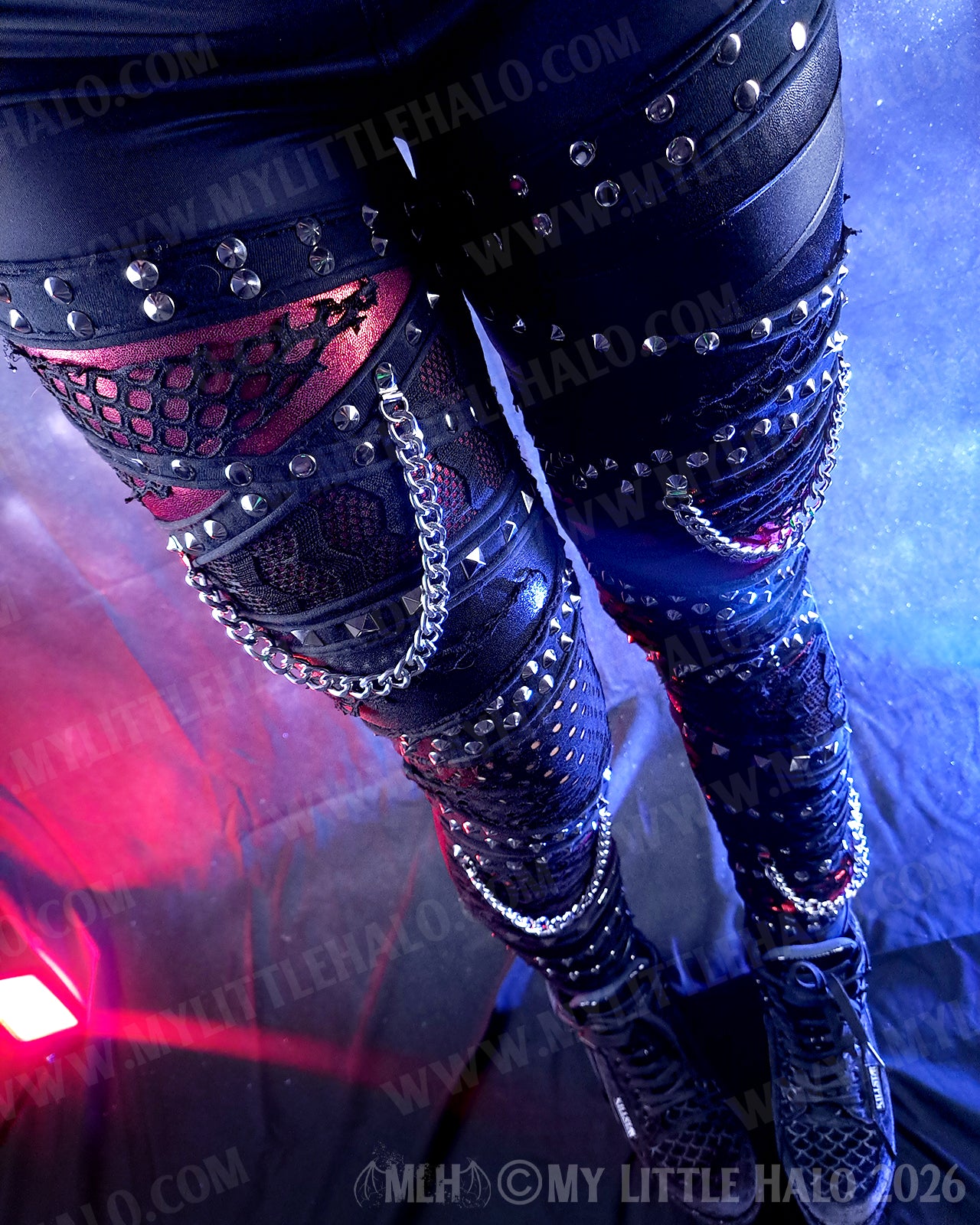 Black & Red Fishnet & Chain Mid Rise Goth Leggings #12