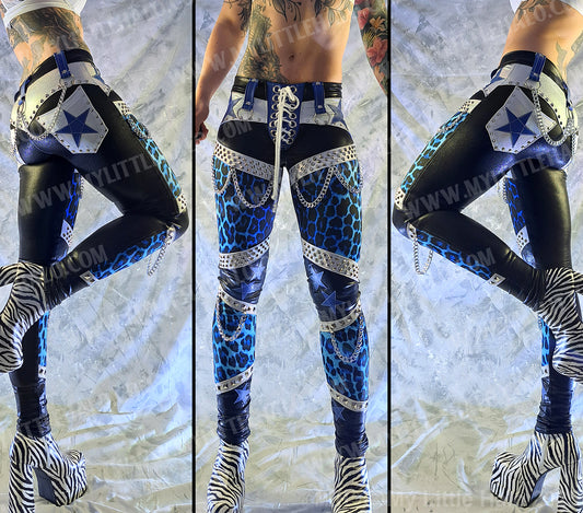 #12 Black, White & Blue Leopard Print Star & Chain Pants