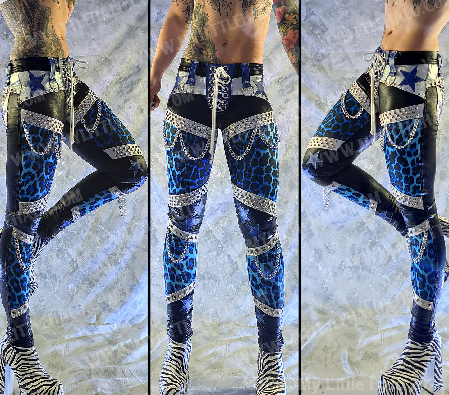 #12 Black, White & Blue Leopard Print Star & Chain Pants