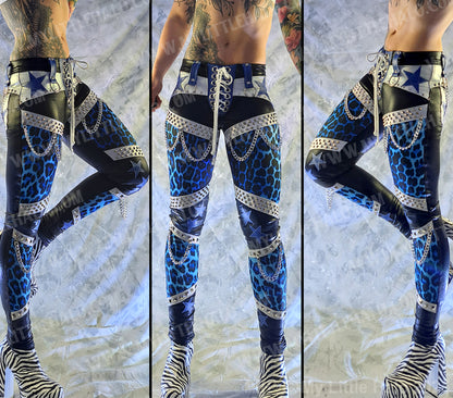 #12 Black, White & Blue Leopard Print Star & Chain Pants