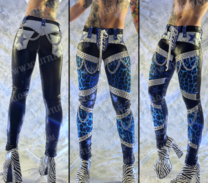 #12 Black, White & Blue Leopard Print Star & Chain Pants
