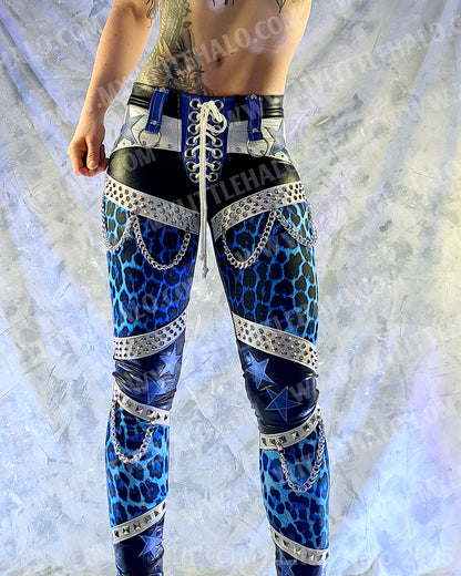 #12 Black, White & Blue Leopard Print Star & Chain Pants