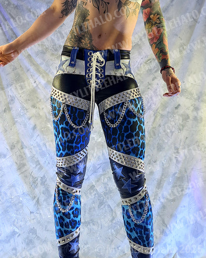#12 Black, White & Blue Leopard Print Star & Chain Pants