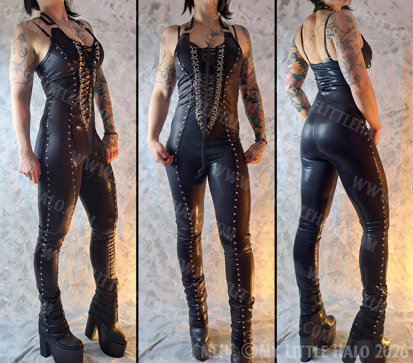 Matte & Metallic Black Halter-neck Catsuit #12