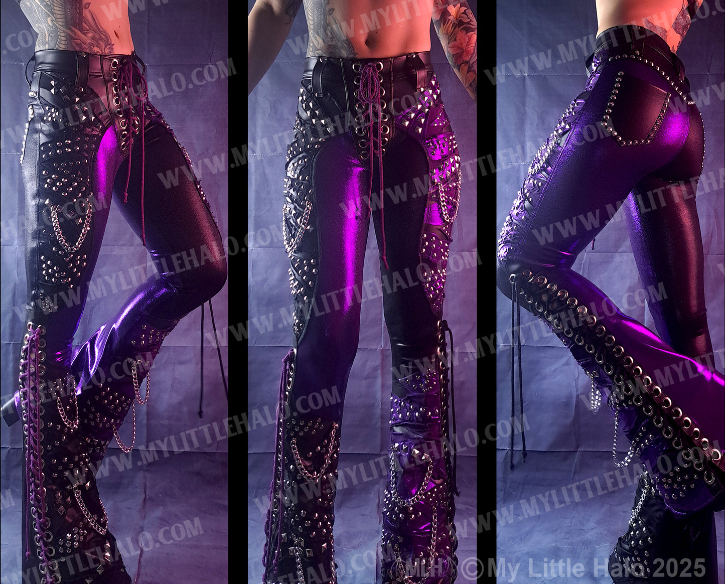 #13 HIGH WAIST PURPLE & BLACK COLLAGED LACE UP FLARES