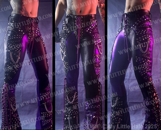 #13 HIGH WAIST PURPLE & BLACK COLLAGED LACE UP FLARES