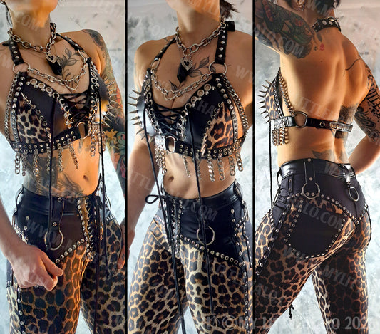 Leopard Print Chained & Spiked Bikini Top #13