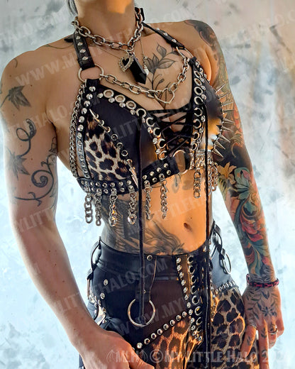 Leopard Print Chained & Spiked Bikini Top #13