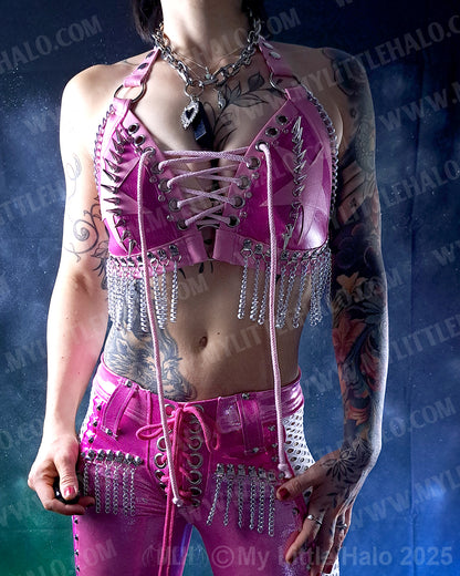 #13 Pink & Silver Chain Fringe Bikini Halter