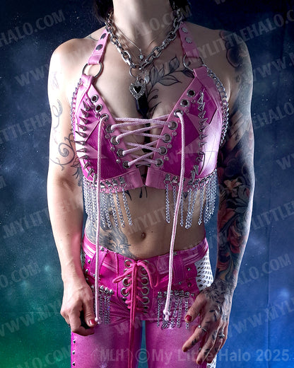 #13 Pink & Silver Chain Fringe Bikini Halter